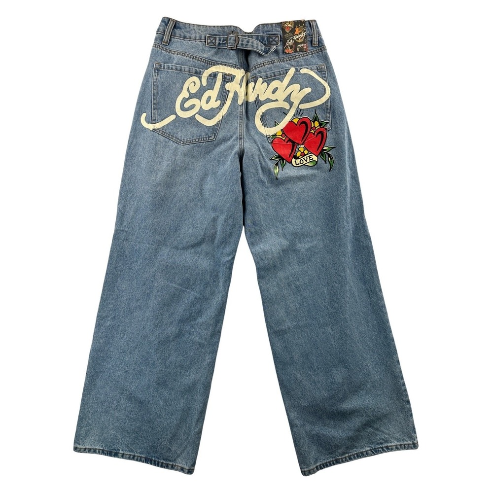 NWT Ed Hardy Loose Fit Jeans 32 Retro Light Blue‎ Tattoo Embroidered Y2K Baggy